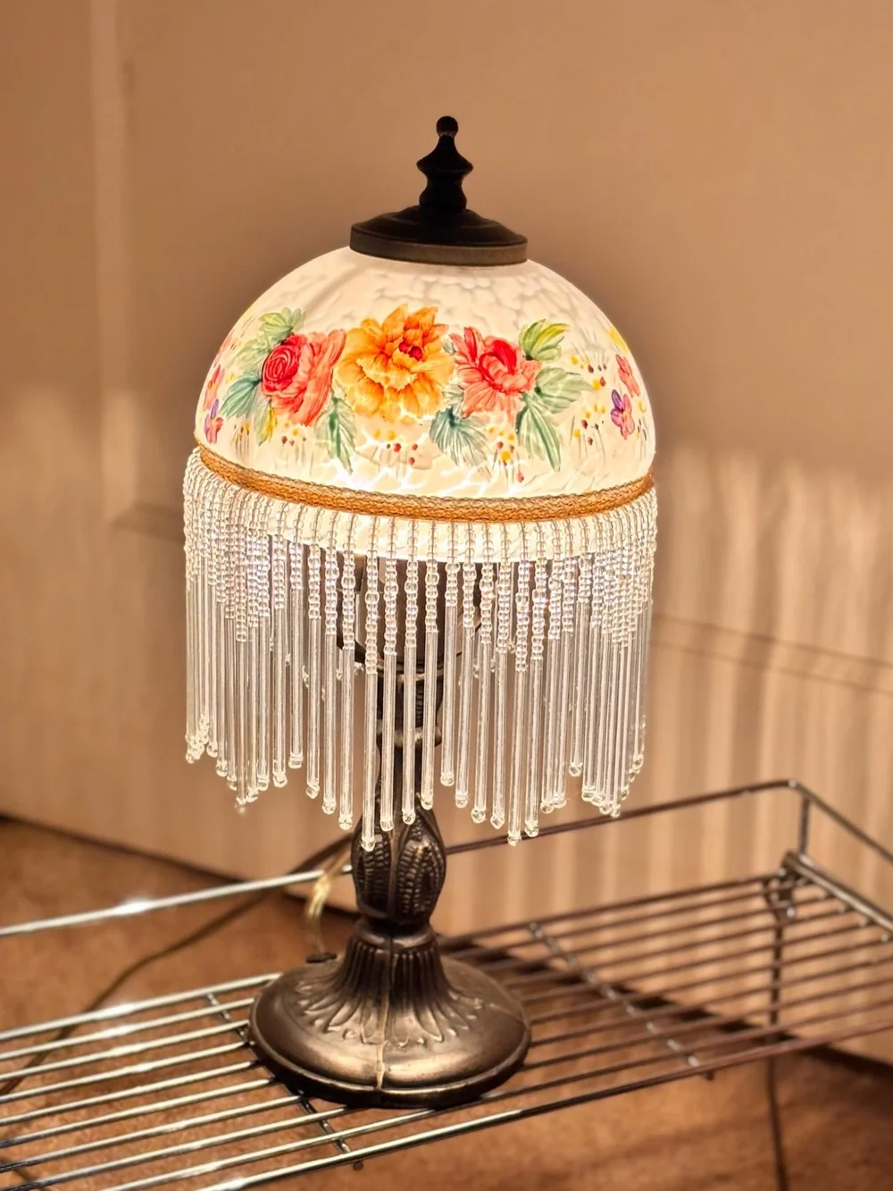 Vintage Hand Painted Floral Beaded Lamp - Bronze Base